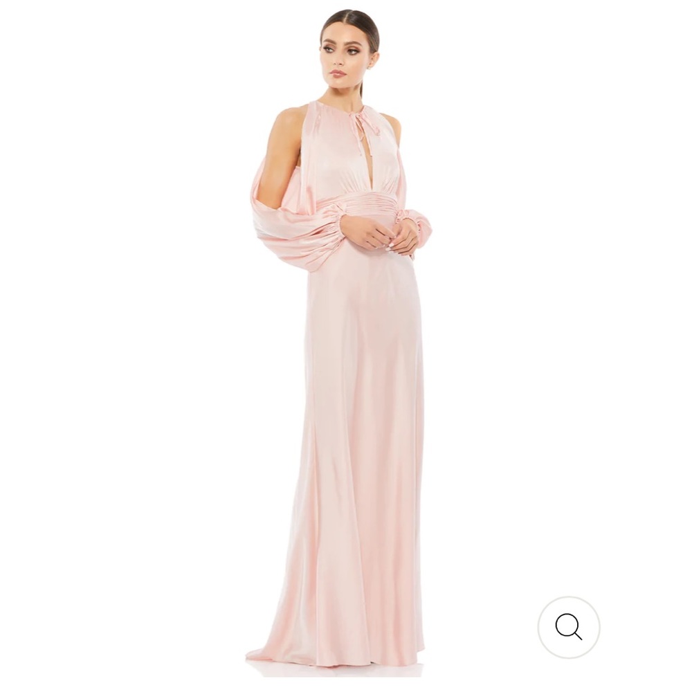 Mac Duggal Plunge v neck Sleeve Satin Gown pink long sleeve cutout cold shoulder